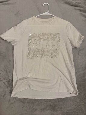 GUESS White Short Sleeve Tee with Silver Sequin Logo